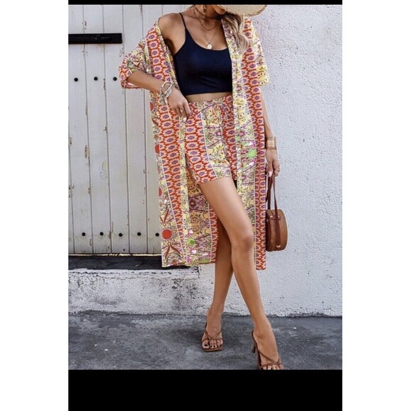 Shein Curve Lune Women Floral Open Front Kimono Shorts Set Pockets Duster 1XL - Picture 6 of 16